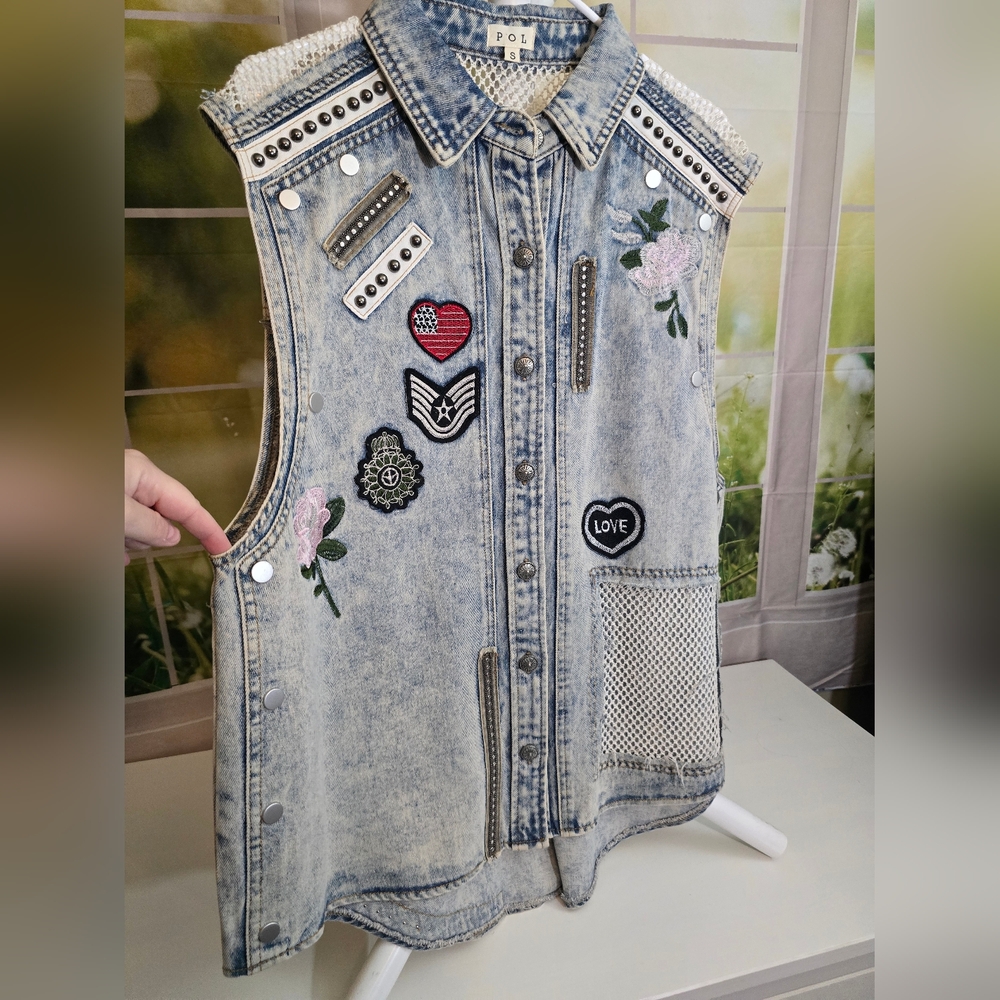 POL Denim Patchwork Embroidered Studded Fishnet Button-Up Vest – Size Small, NWT - Picture 6 of 10